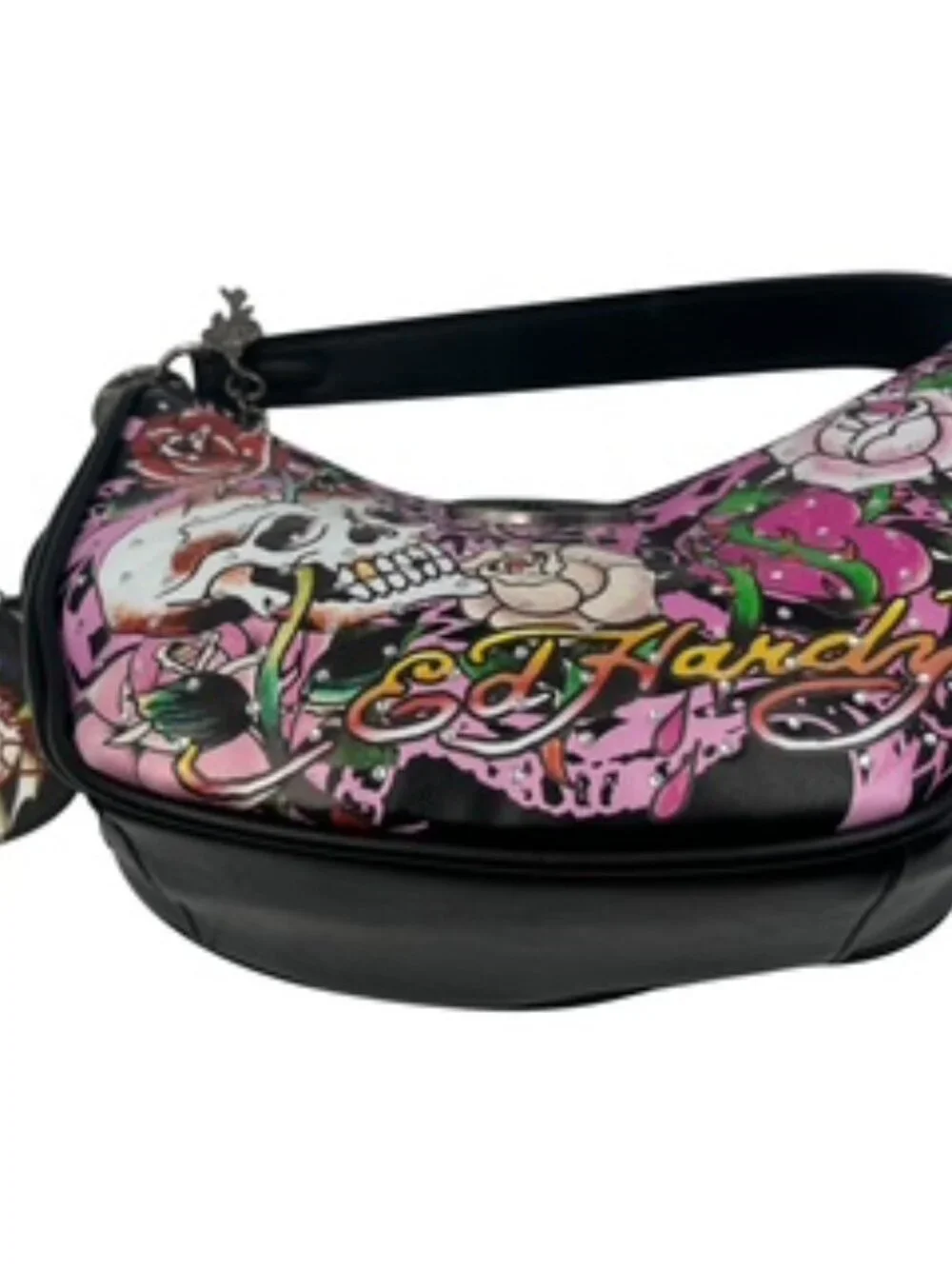 NEW Ed Hardy Crescent Hobo Bag Skull Rose Pink and Black tattoo Print Y2K Purse